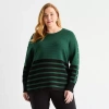 Liz Claiborne Plus Womens Crew Neck Long Sleeve Striped Pullover Sweater In Green