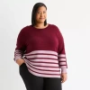 Liz Claiborne Plus Womens Crew Neck Long Sleeve Striped Pullover Sweater In Red