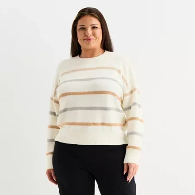 Liz Claiborne Plus Womens Crew Neck Long Sleeve Striped Pullover Sweater In White