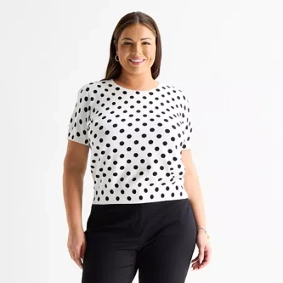 Liz Claiborne Plus Womens Crew Neck Short Sleeve Dots Pullover Sweater In White