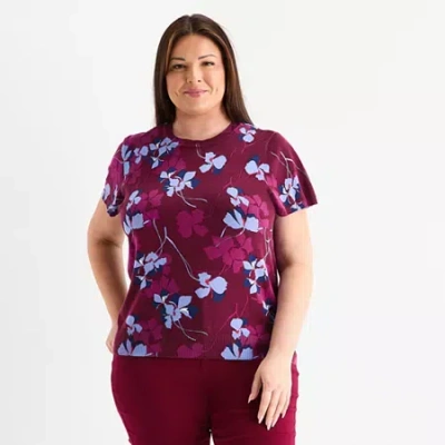 Liz Claiborne Plus Womens Crew Neck Short Sleeve Floral Pullover Sweater In Red