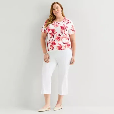 Liz Claiborne Plus Womens Crew Neck Short Sleeve Floral Pullover Sweater In White
