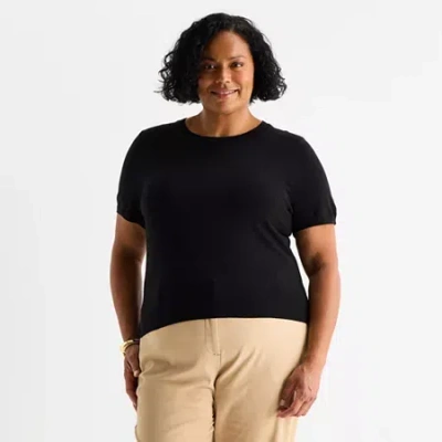 Liz Claiborne Plus Womens Crew Neck Short Sleeve Pullover Sweater In Black