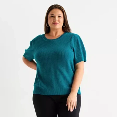 Liz Claiborne Plus Womens Crew Neck Short Sleeve Pullover Sweater In Blue