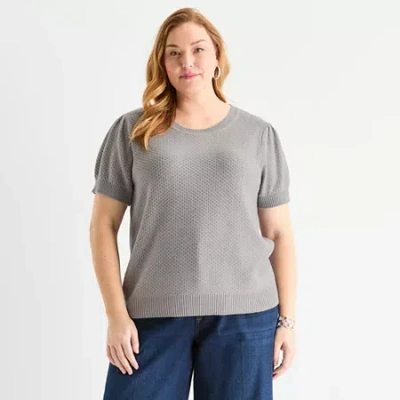 Liz Claiborne Plus Womens Crew Neck Short Sleeve Pullover Sweater In Gray