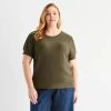 Liz Claiborne Plus Womens Crew Neck Short Sleeve Pullover Sweater In Green