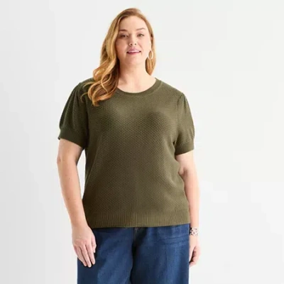 Liz Claiborne Plus Womens Crew Neck Short Sleeve Pullover Sweater In Green