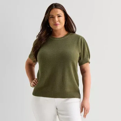 Liz Claiborne Plus Womens Crew Neck Short Sleeve Pullover Sweater In Green