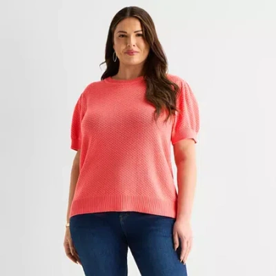 Liz Claiborne Plus Womens Crew Neck Short Sleeve Pullover Sweater In Pink