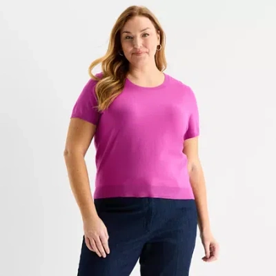 Liz Claiborne Plus Womens Crew Neck Short Sleeve Pullover Sweater In Multi