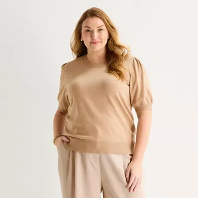 Liz Claiborne Plus Womens Crew Neck Short Sleeve Pullover Sweater In Sand