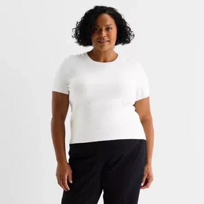 Liz Claiborne Plus Womens Crew Neck Short Sleeve Pullover Sweater In White