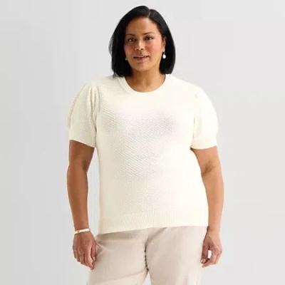 Liz Claiborne Plus Womens Crew Neck Short Sleeve Pullover Sweater In White