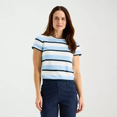 Liz Claiborne Plus Womens Crew Neck Short Sleeve Striped Pullover Sweater In Multi