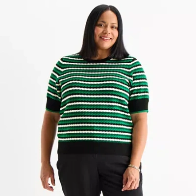 Liz Claiborne Plus Womens Crew Neck Short Sleeve Striped Pullover Sweater In Green