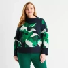 Liz Claiborne Plus Womens Long Sleeve Floral Pullover Sweater In Blue