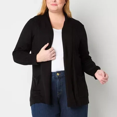 Liz Claiborne Plus Womens Long Sleeve Open Front Cardigan In Black