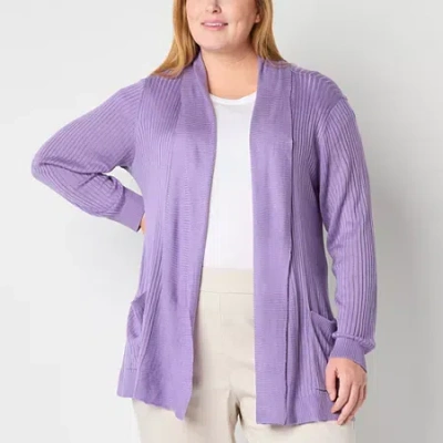 Liz Claiborne Plus Womens Long Sleeve Open Front Cardigan In Purple