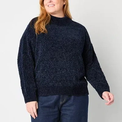 Liz Claiborne Plus Womens Mock Neck Long Sleeve Pullover Sweater In Blue