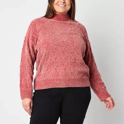 Liz Claiborne Plus Womens Mock Neck Long Sleeve Pullover Sweater In Pink