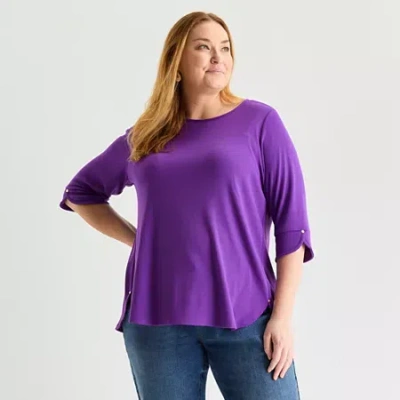 Liz Claiborne Plus Womens Round Neck 3/4 Sleeve Tunic Top In Purple