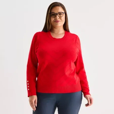Liz Claiborne Plus Womens Round Neck Long Sleeve Pullover Sweater In Red