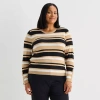 Liz Claiborne Plus Womens Round Neck Long Sleeve Striped Pullover Sweater In Brown