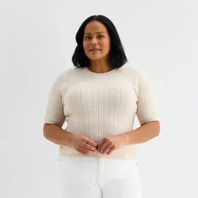 Liz Claiborne Plus Womens Scallop Neck Short Sleeve Pullover Sweater In White