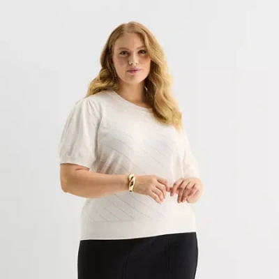 Liz Claiborne Plus Womens Short Sleeve Pullover Sweater In White