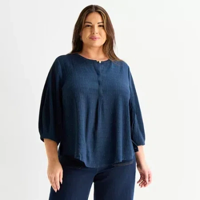 Liz Claiborne Plus Womens Split Crew Neck 3/4 Sleeve Tunic Top In Blue