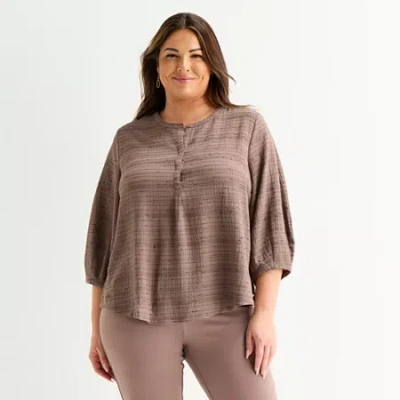 Liz Claiborne Plus Womens Split Crew Neck 3/4 Sleeve Tunic Top In Brown