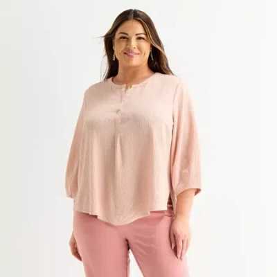Liz Claiborne Plus Womens Split Crew Neck 3/4 Sleeve Tunic Top In Pink