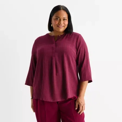 Liz Claiborne Plus Womens Split Crew Neck 3/4 Sleeve Tunic Top In Red