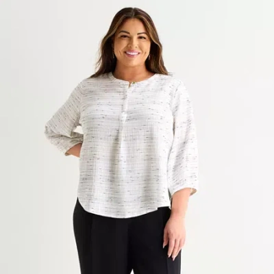 Liz Claiborne Plus Womens Split Crew Neck 3/4 Sleeve Tunic Top In White