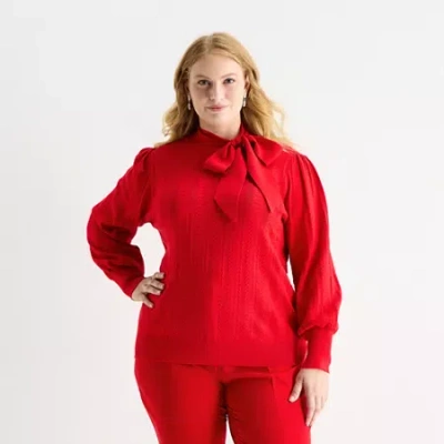 Liz Claiborne Plus Womens Split Tie Neck Long Sleeve Pullover Sweater In Red