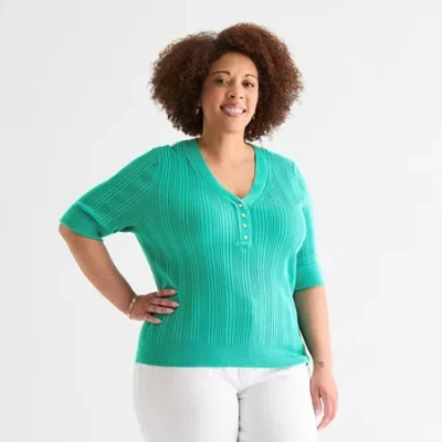 Liz Claiborne Plus Womens V Neck Elbow Sleeve Pullover Sweater In Green