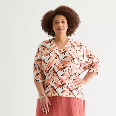 Liz Claiborne Plus Womens V Neck Short Sleeve Floral Pullover Sweater In White