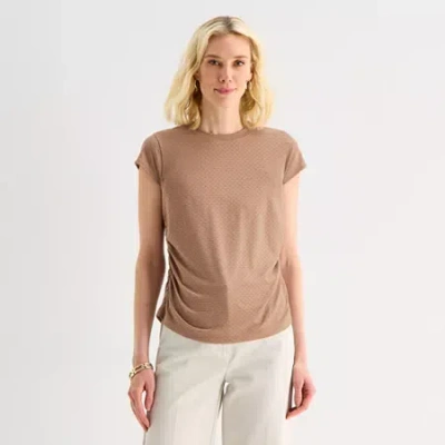 Liz Claiborne Ruched Womens Crew Neck Short Sleeve Blouse In Brown
