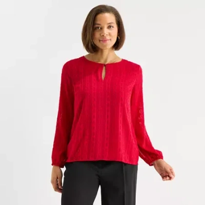 Liz Claiborne Shine Womens Keyhole Neck Long Sleeve Blouse In Red