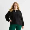 Liz Claiborne Shine Womens Plus Keyhole Neck Long Sleeve Blouse In Black