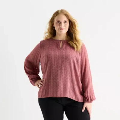 Liz Claiborne Shine Womens Plus Keyhole Neck Long Sleeve Blouse In Brown