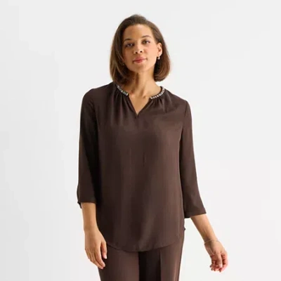 Liz Claiborne Shine Womens Split Crew Neck 3/4 Sleeve Blouse In Brown