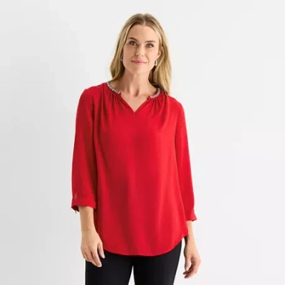 Liz Claiborne Shine Womens Split Crew Neck 3/4 Sleeve Blouse In Red