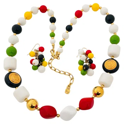 Pre-owned Liz Claiborne Signed Gold Colorful Lucite Runway Necklace Earrings Set In Multi