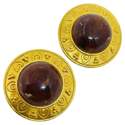 Pre-owned Liz Claiborne Signed Vintage Gold Tone Etruscan Designer Clip On Earrings In Multi