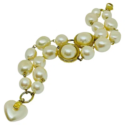 Pre-owned Liz Claiborne Signed Vintage Gold Tone Faux Pearl Heart Designer Beaded Bracelet In Multi