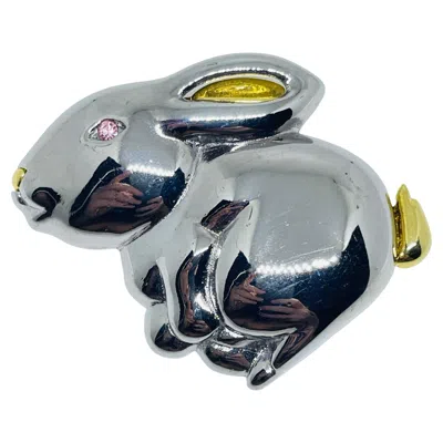 Pre-owned Liz Claiborne Signed Vintage Silver Gold Tone Pink Rhinestone Eye Bunny Brooch