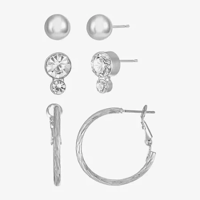 Liz Claiborne Stud & Hoop Womens Glass Hypoallergenic 3 Pair Earring Set In Metallic