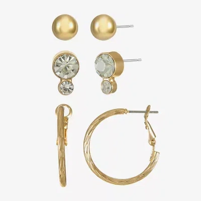 Liz Claiborne Stud & Hoop Womens Glass Hypoallergenic 3 Pair Earring Set In Gold