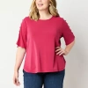 Liz Claiborne Sustainable Womens Plus Round Neck Elbow Sleeve Blouse In Red
